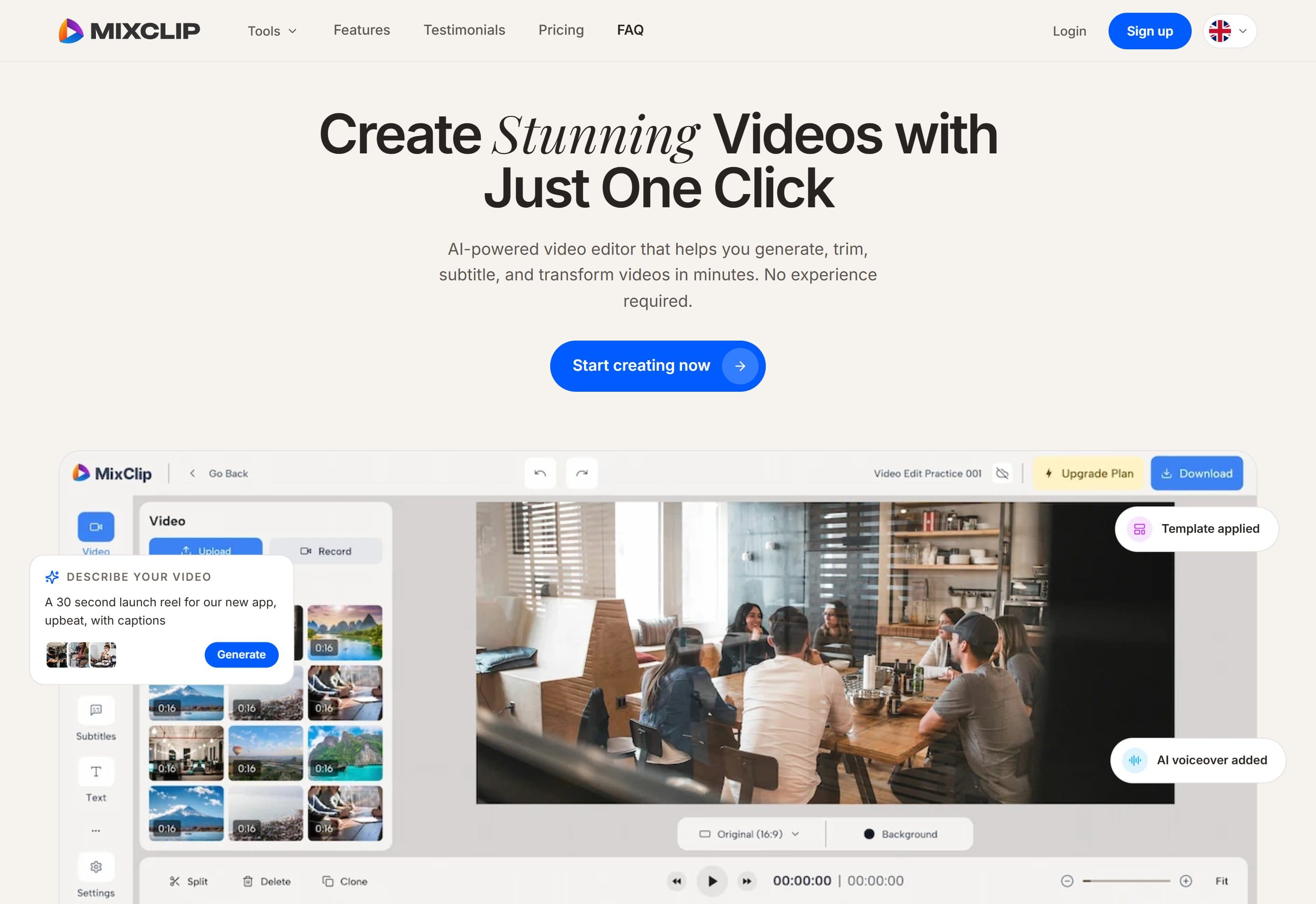 MixClip landing page with the AI video editor preview